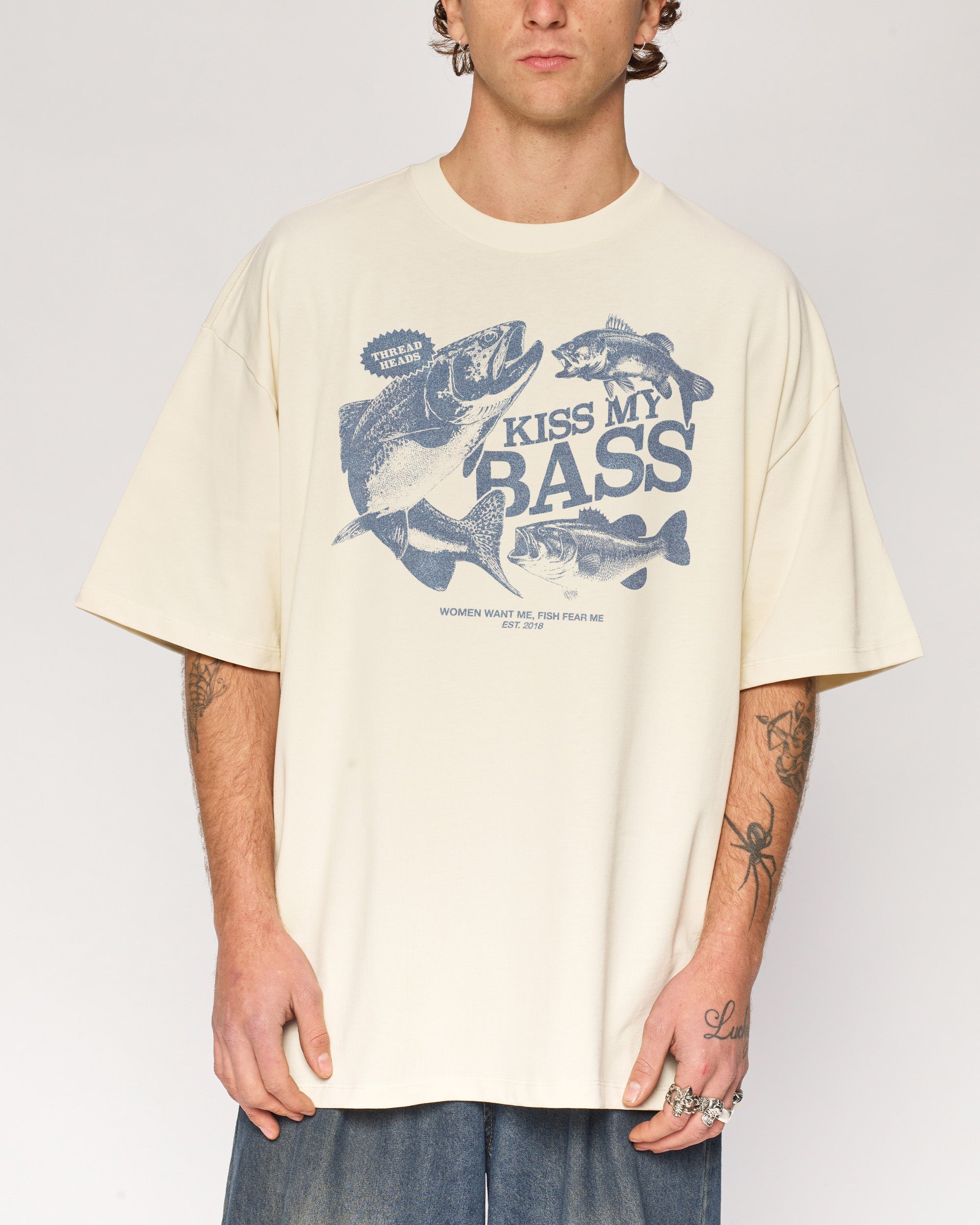 Kiss My Bass Oversized Graphic Tee - Unisex 90s Boxy Fit 100% Combed Cotton