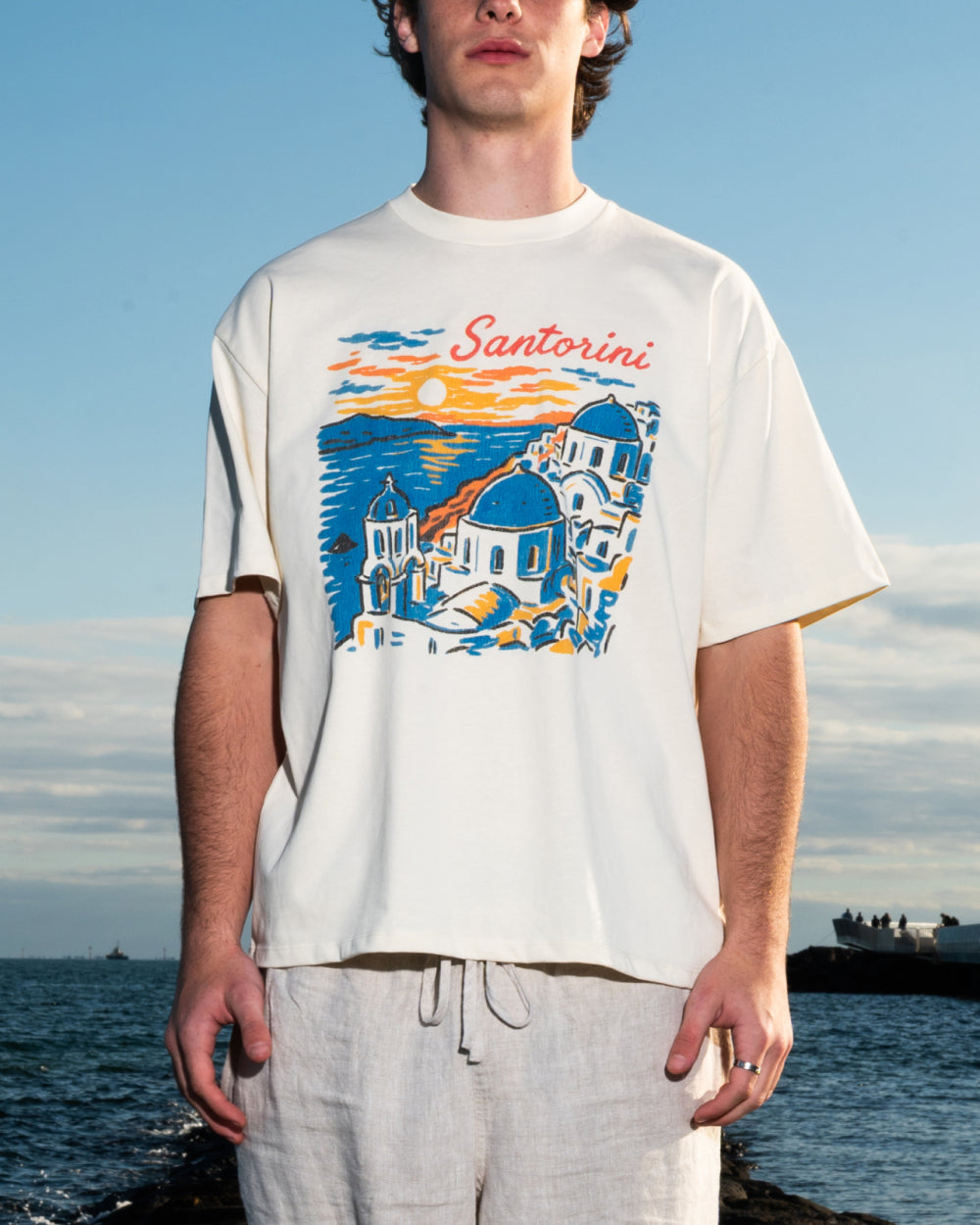 Santorini Sunset Oversized Graphic Tee - Unisex 90s Boxy Fit 100% Combed Cotton