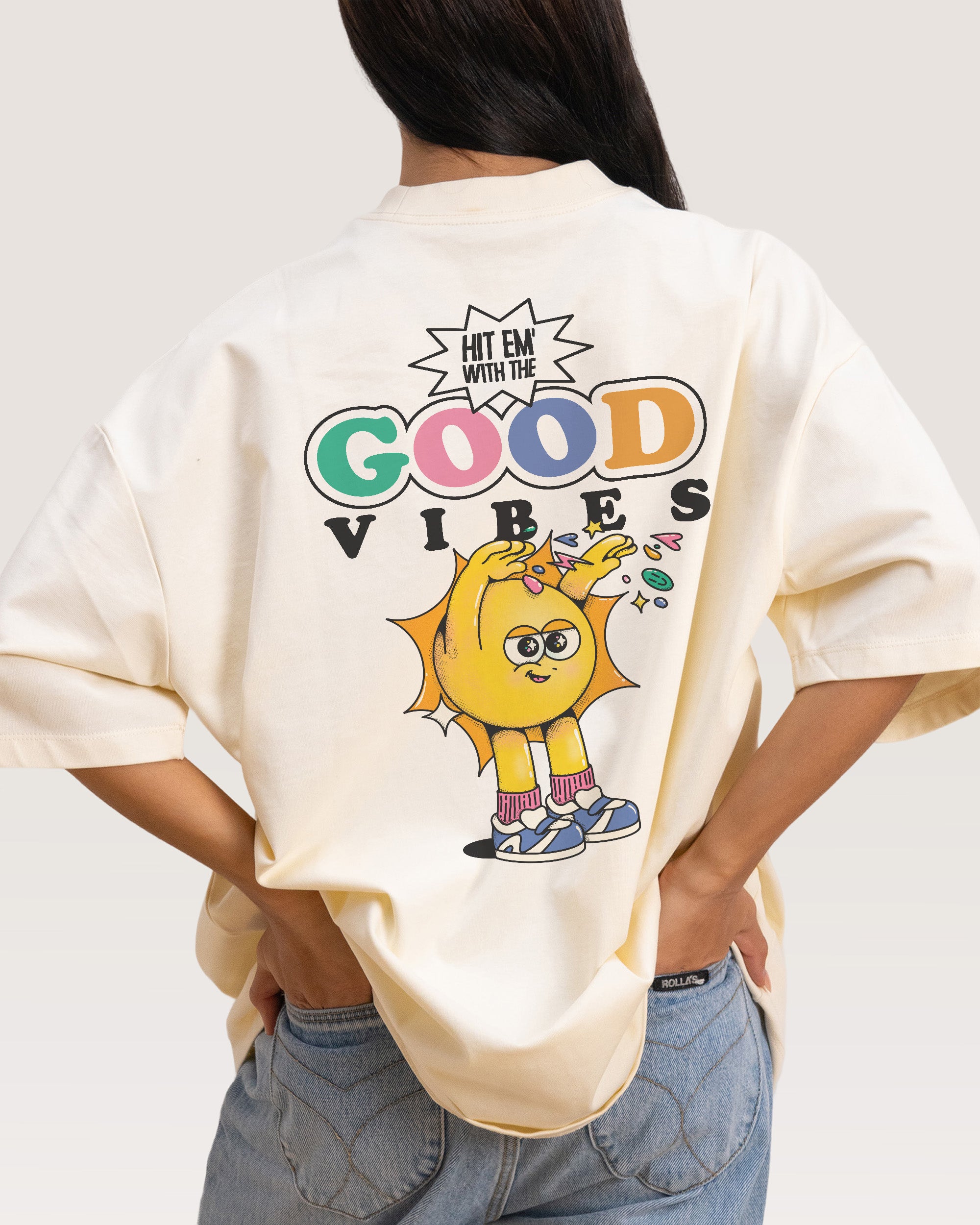 Hit Em' With the Good Vibes Oversized Graphic Tee - Unisex 90s Boxy Fit 100% Combed Cotton